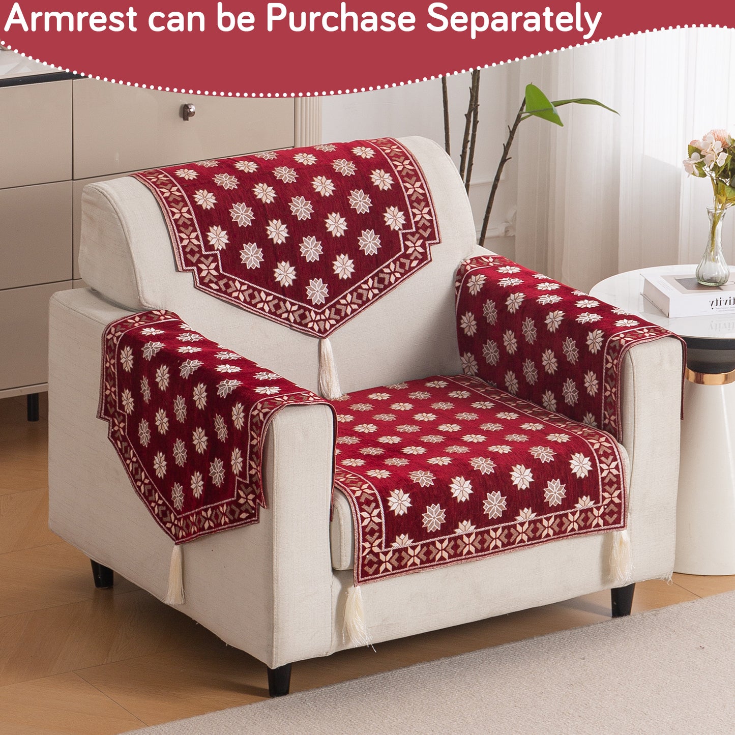 Heritage Weave Premium Jacquard Sofa Cover Set with Tassels -  Crimson Red