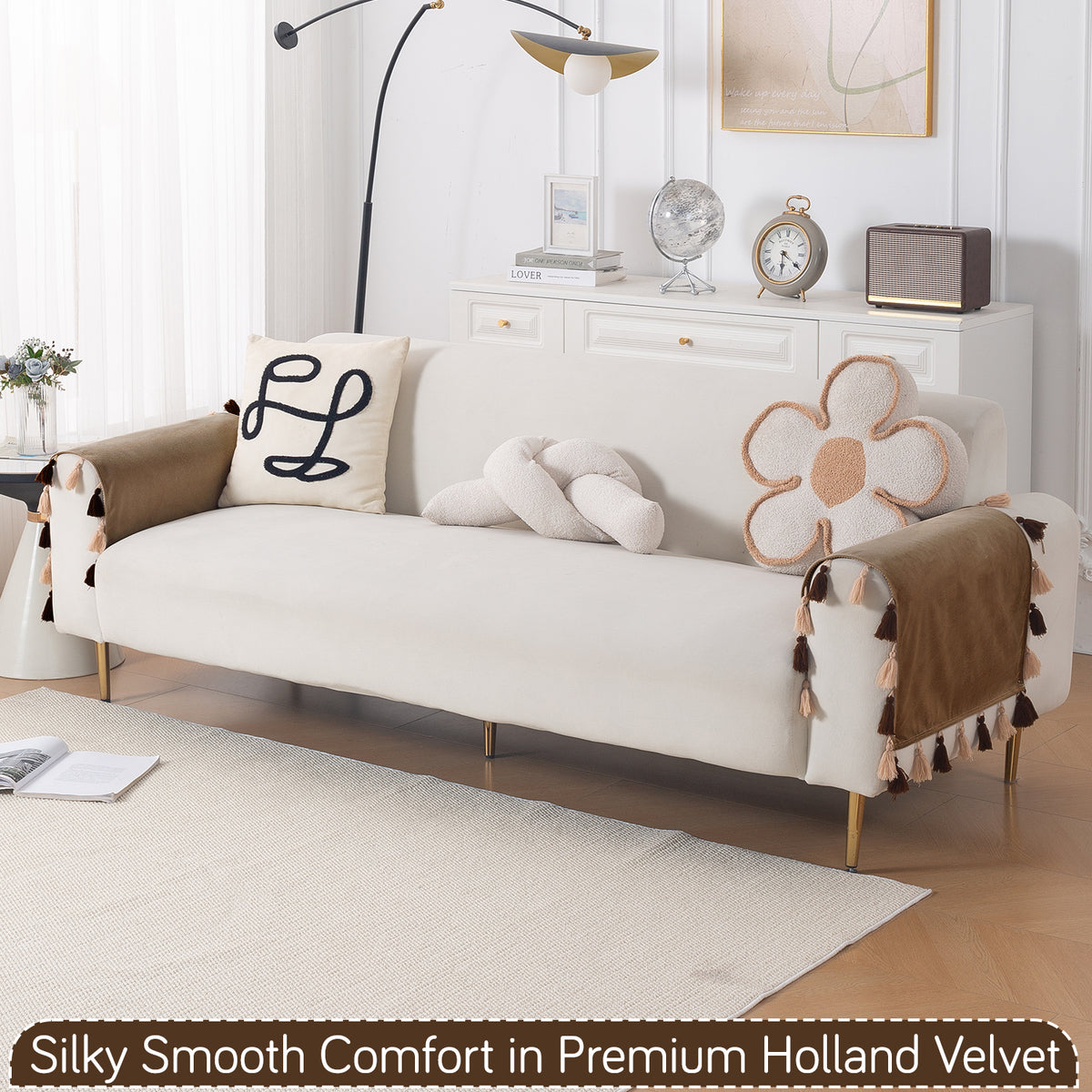 Tassel Tone Holland Velvet Sofa Cover Mat, Warm Taupe
