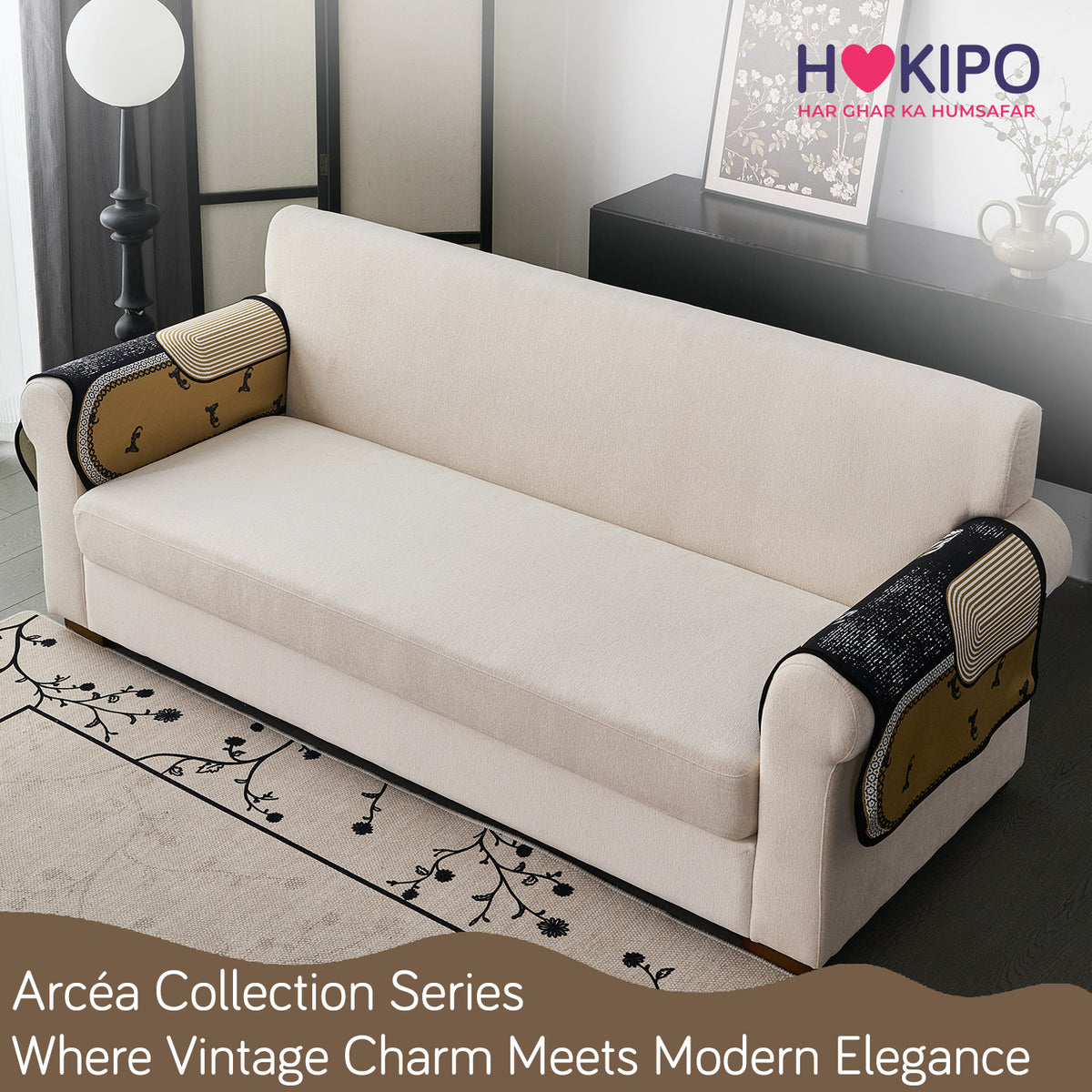 Arcea Chenille With Curved Edges Sofa Cover Mat, Mustard Gold Tribal