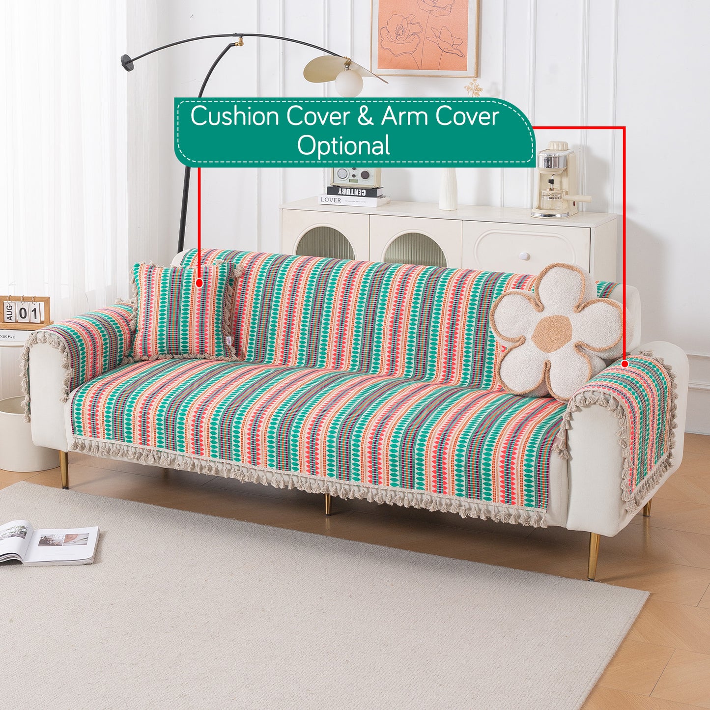 Artisan Boho Series 5-Seater Sofa Cover with Tassels (3+1+1), Mint Green