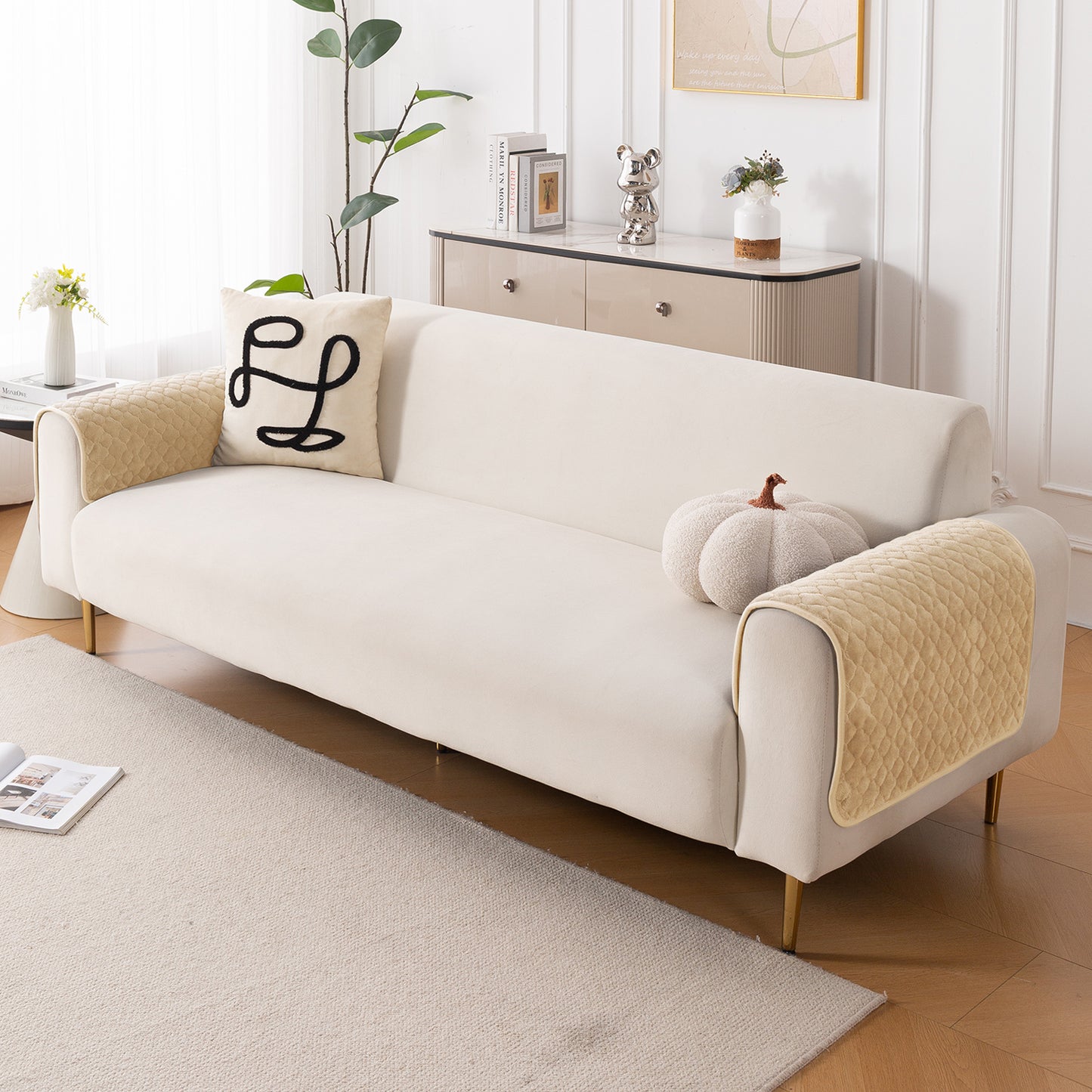 Diamond Plush Pebble Quilted Sofa Cover Mat, Beige