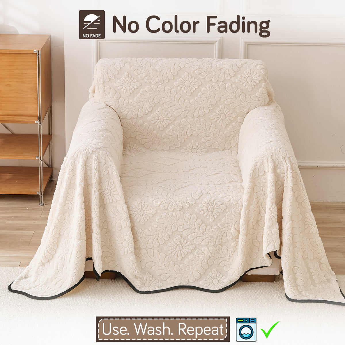 Buy Light Cream Colour Wavy Petal Crest Series Plush Sofa Throw – Washable & Soft | HOKIPO