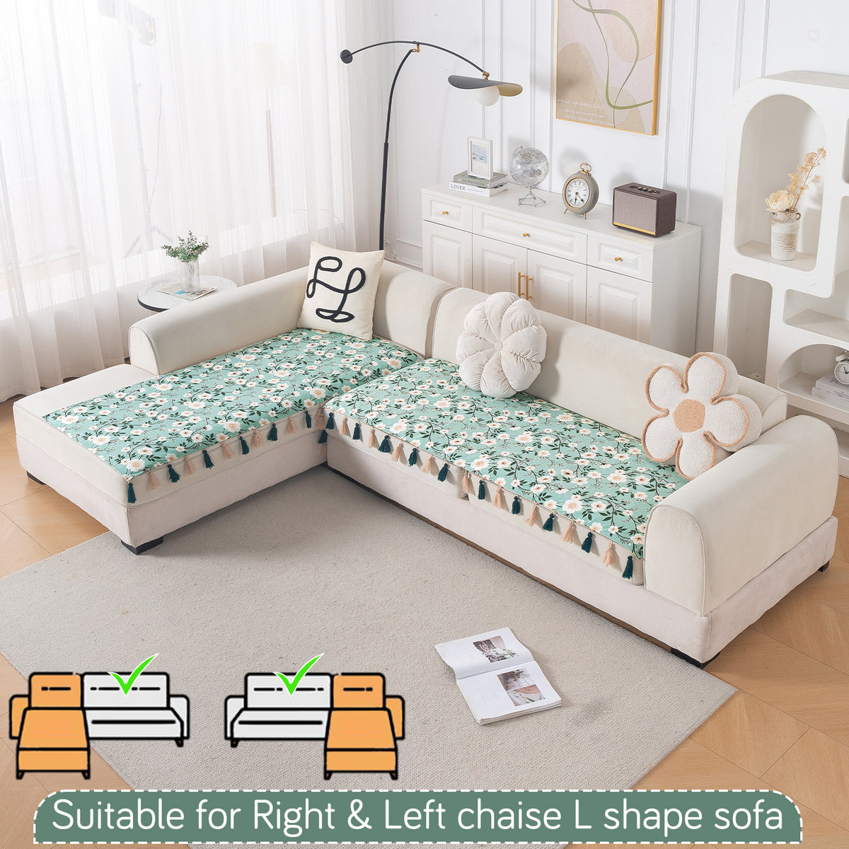 Whispers of Nature' Series Holland Velvet L Shape Sofa Cover Seat Mat with Tassels, Sage Floral Vine