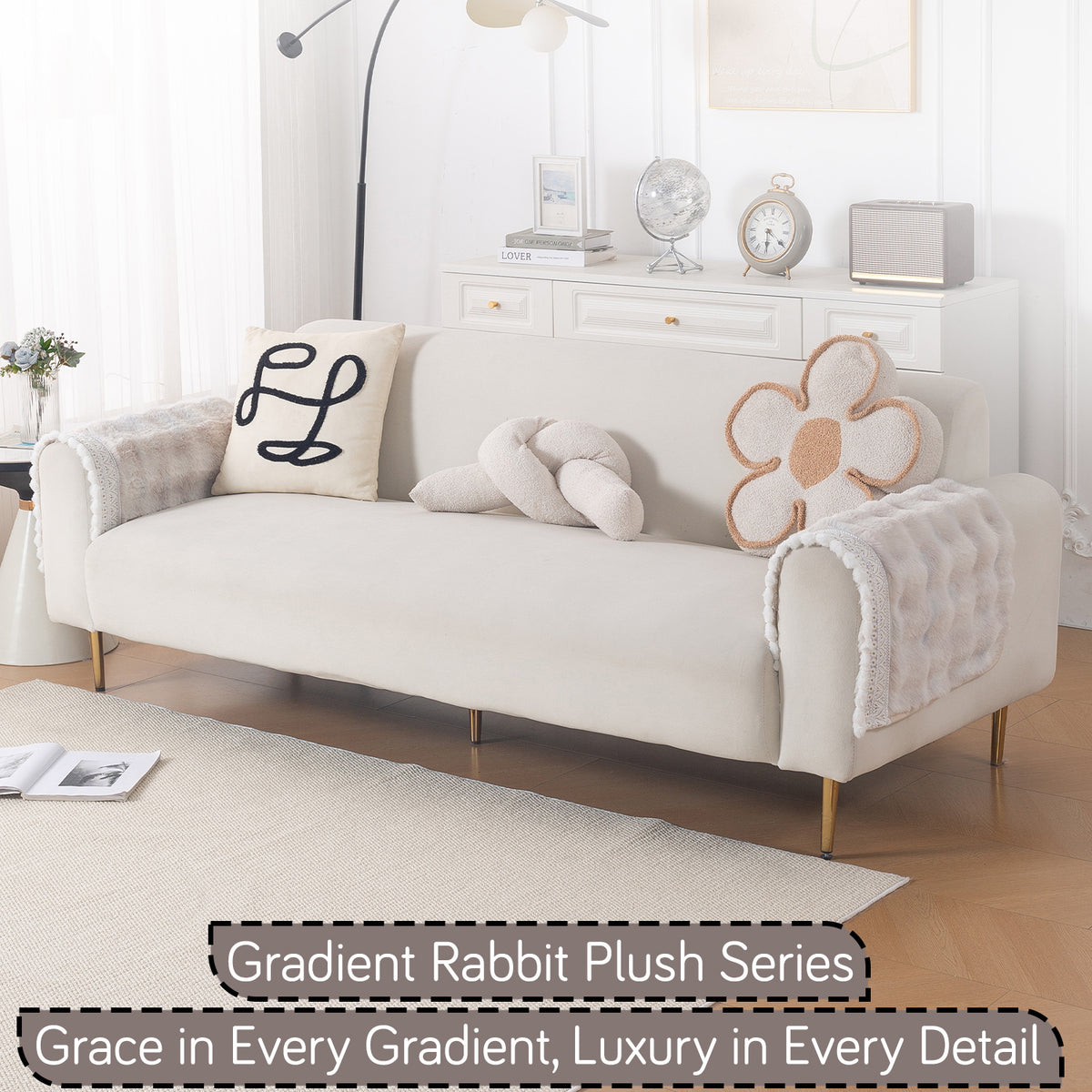 Faux Rabbit Fur Sofa Cover with Lace |Gradient Rabbit Plush, Cream