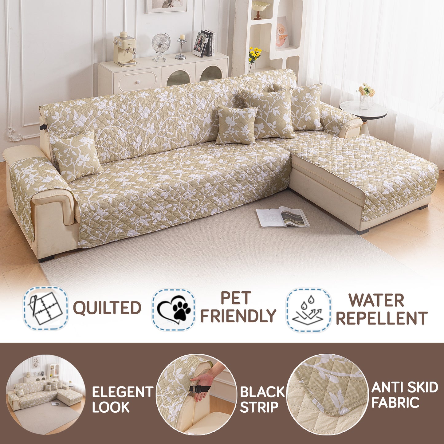 Elira Series Quilted One-Piece L Shape Sofa Cover Mat with Left and Right Chaise, Buff Brown Sillehoute Floral