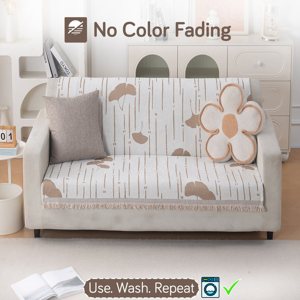 Premium 320 GSM Chenille Sofa Cover 'Serene Abode Series', Beige Ginkgo Lines