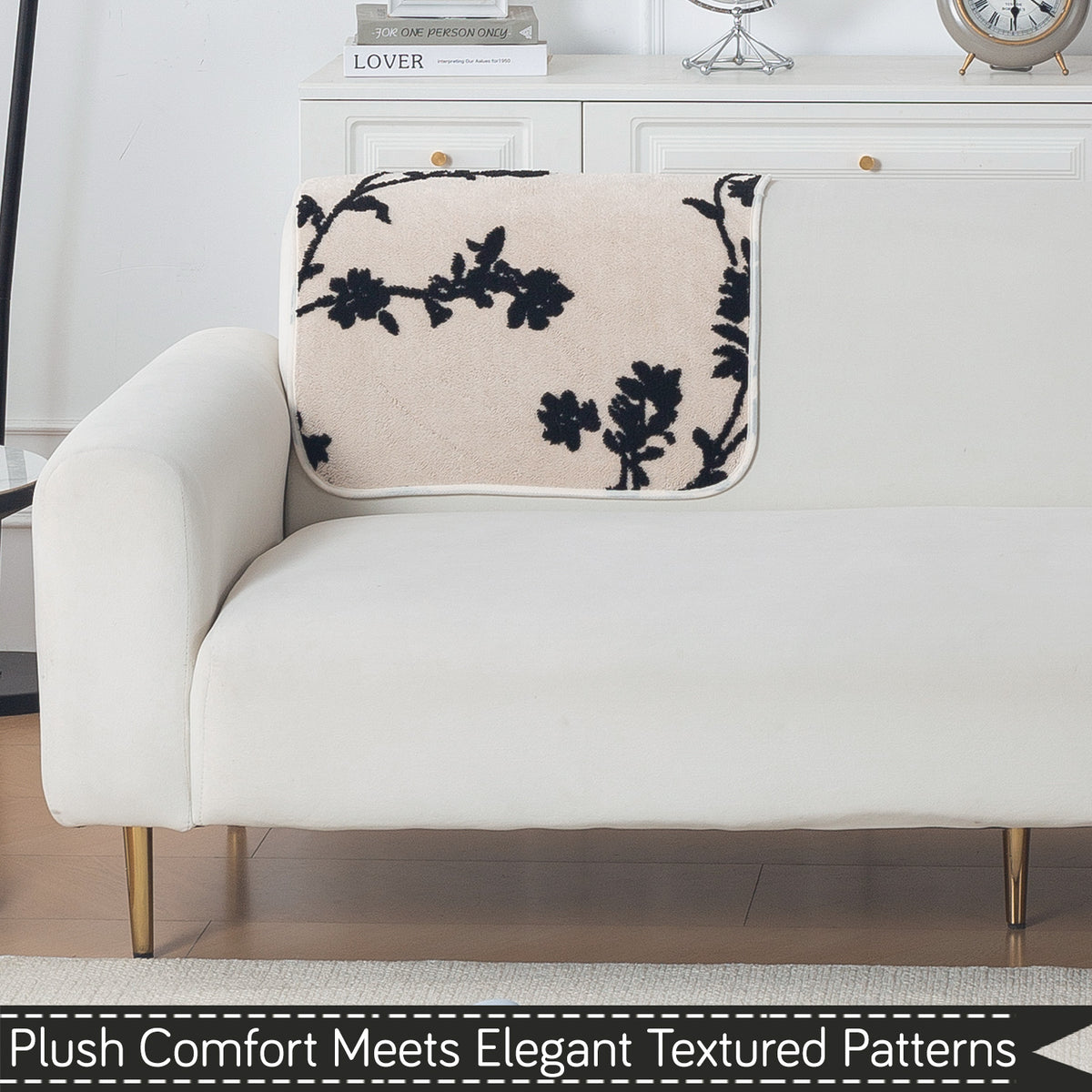 Luxury Plush Sherpa Anti-Slip Sofa Cover Mat, 'Noirea Series'| Botanical Vine