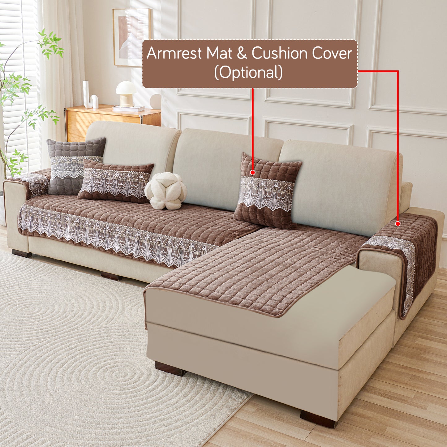 BelleLace Series Imperial Milk Velvet L Shape Sofa Cover Mat with Lace Design - Mocha Brown