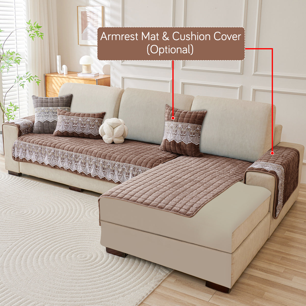 BelleLace Series Imperial Milk Velvet L Shape Sofa Cover Mat with Lace Design - Mocha Brown