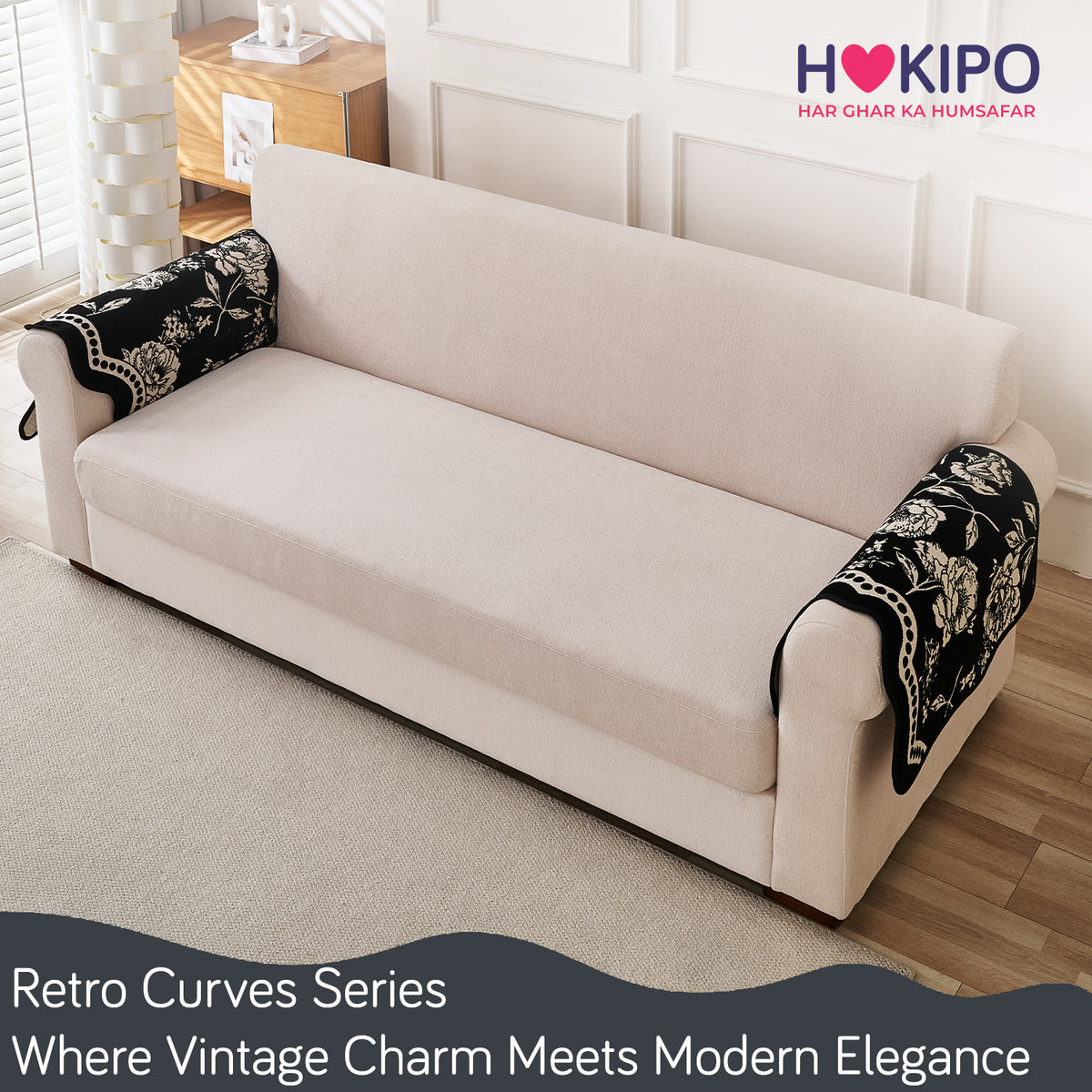 Chenille Sofa Cover Mat with Curvy Edges, 'Retro Curves Series' Sofa Mat, Classic Black
