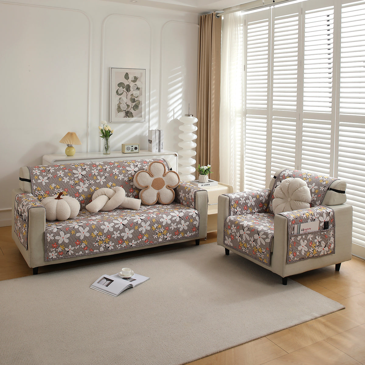 3+1 Seater Pastel Brown Sandwort Flower Printed quilted sofa cover
