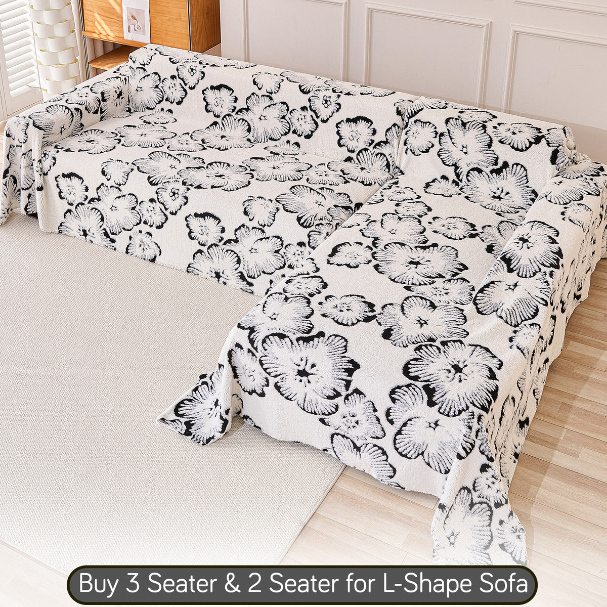 Buy Ivory Blossom Colour Camellia Blossom Luxury Plush Sofa Throw for L-Shape Sofa – 3 Seater & 2 Seater Sofa | HOKIPO