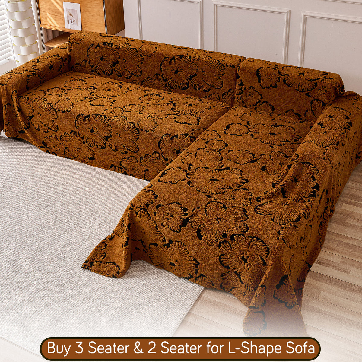 Buy Rustic Caramel Colour Camellia Blossom Luxury Plush Sofa Throw for L-Shape Sofa – 3 Seater & 2 Seater Sofa | HOKIPO