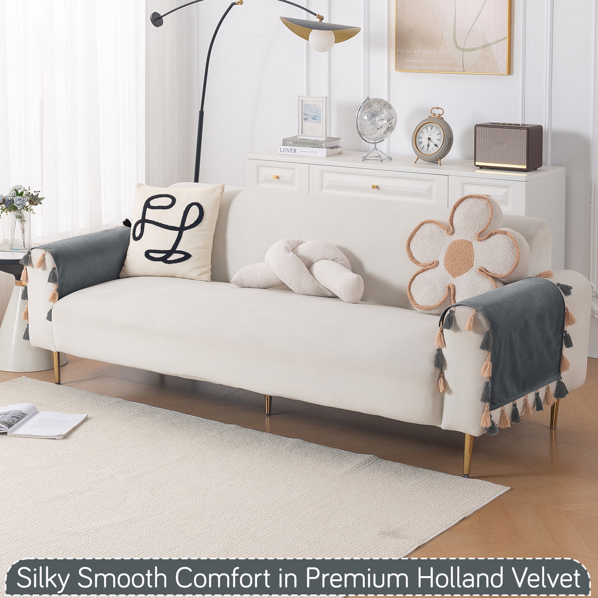 Tassel Tone Holland Velvet Sofa Cover Mat, Graphite Grey