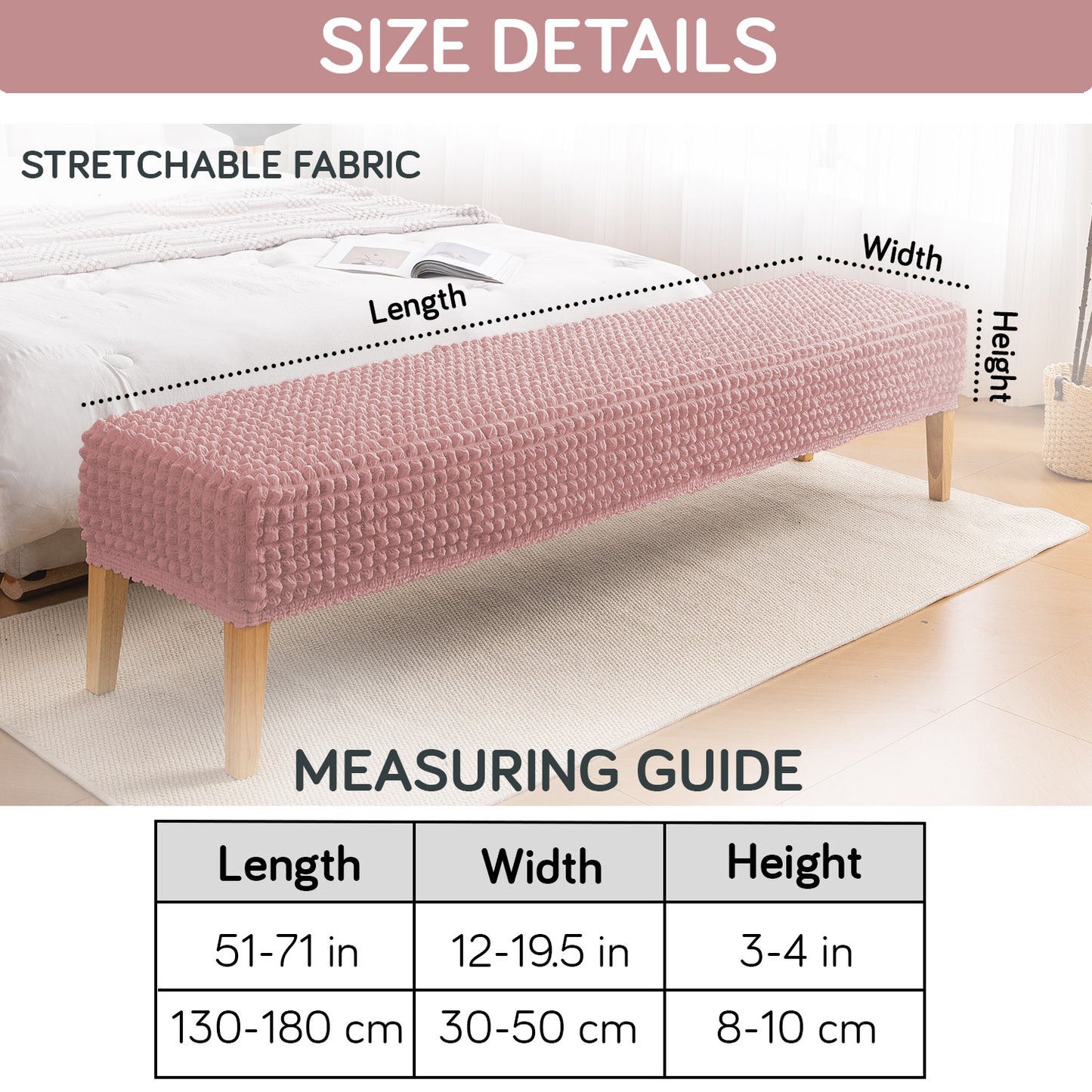 Aria Nova 280 GSM Stretchable Bubble Dining Bench Cover, Tea Rose Pink