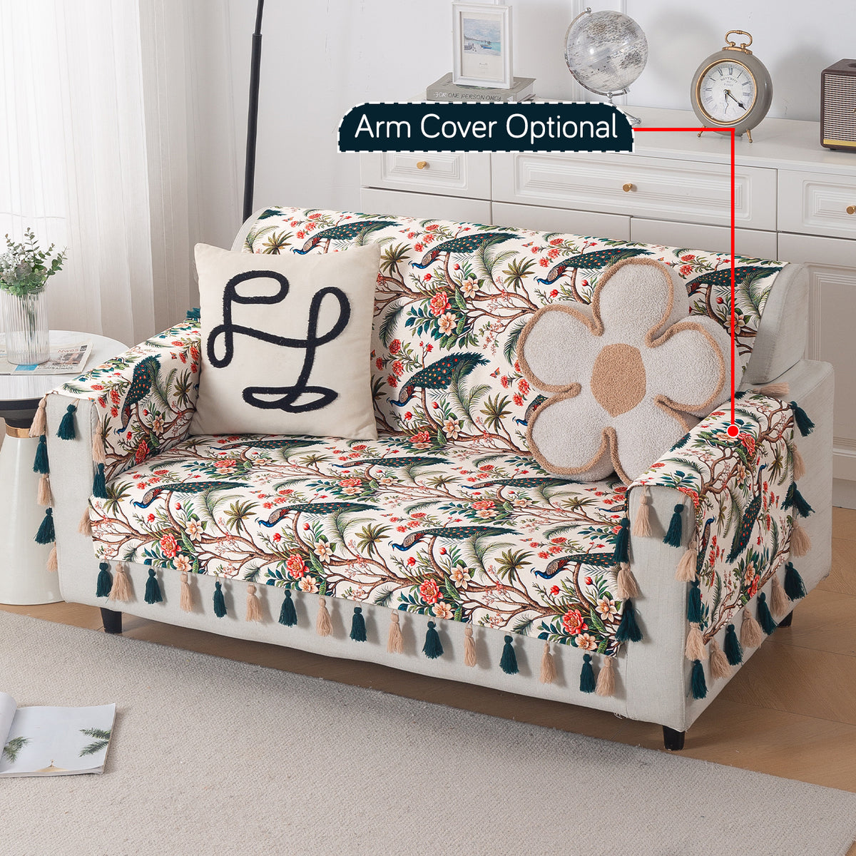 'Whispers of Nature' Series Holland Velvet Sofa Cover with Tassel, Multicolor Tropical Peacock