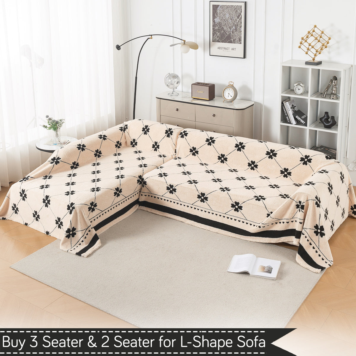 Buy Floral Lattice Design Noirea Series Plush Sherpa Sofa Throw for L-shape Sofas - 3 & 2 Seater Sofa Sets | HOKIPO