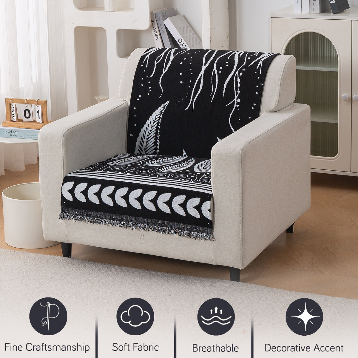Premium 320 GSM Chenille Sofa Cover 'Serene Abode Series', Black Fern Tribal