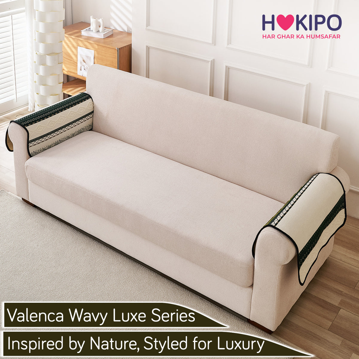 'Valenca Wavy Luxe Series' Boho Geometry Sofa Cover Mat, Moss Green