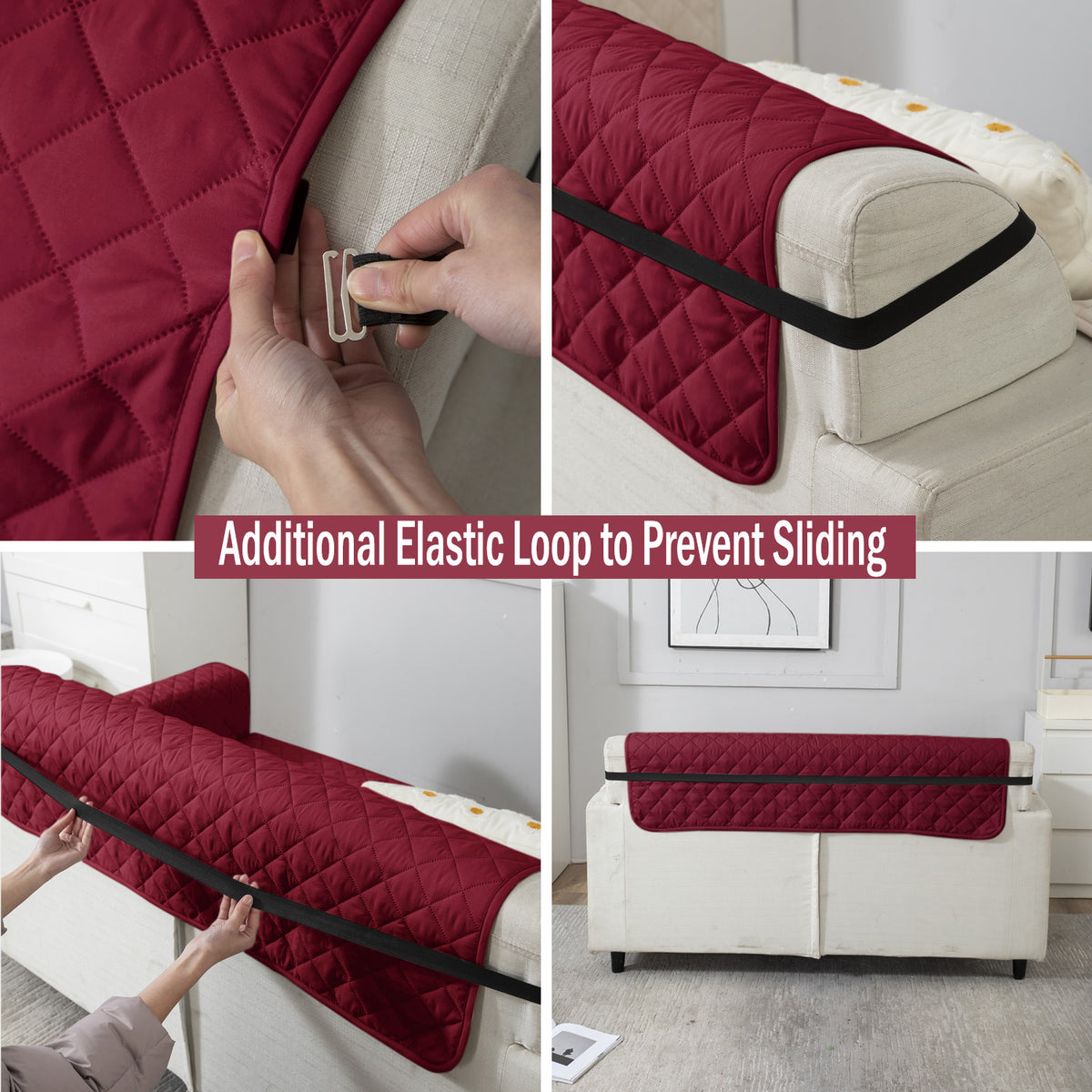 Maroon Polyester quilted sofa cover with anti slip elastic strap