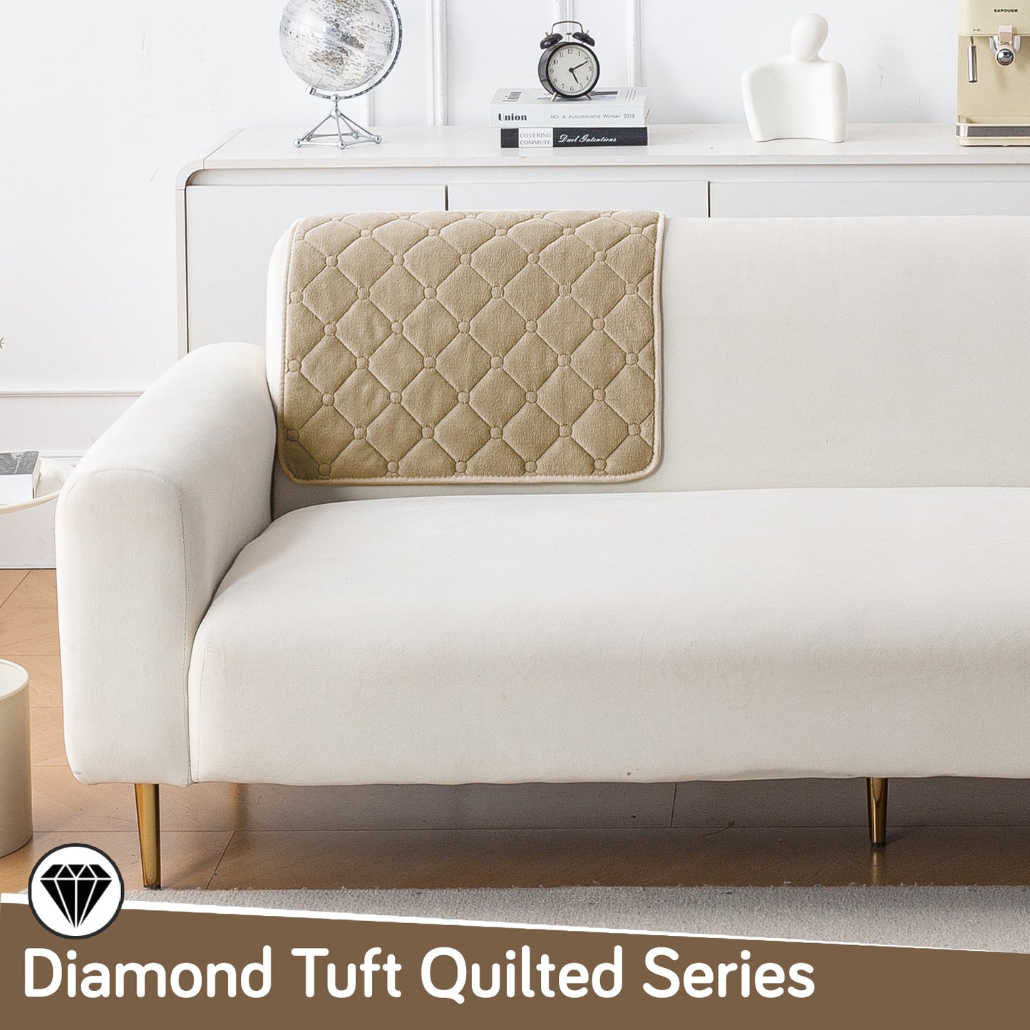 Diamond Tuft Plush Sofa Cover Mat, Sand Beige