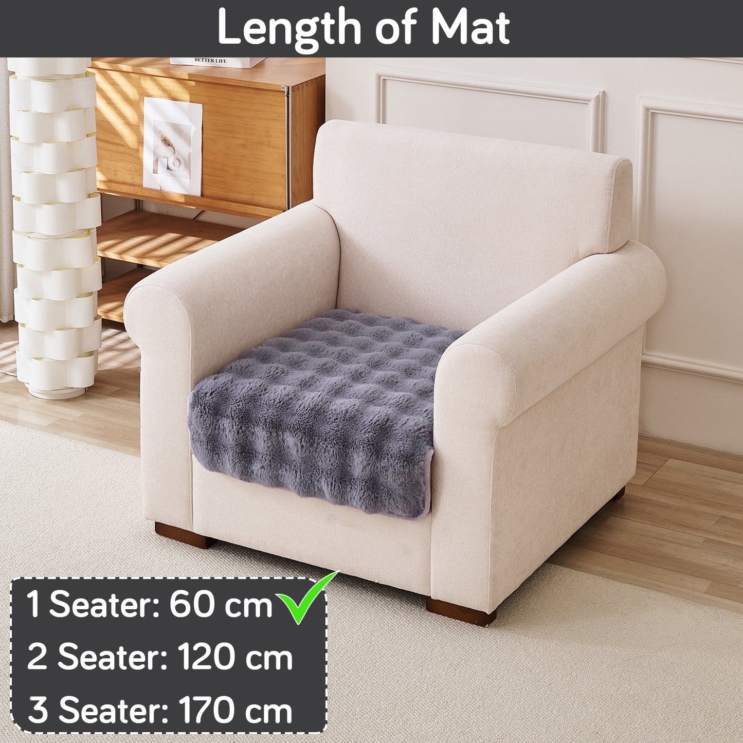 Premium Faux Rabbit Fur Anti Slip Sofa Mat for 1/2/3 Seater, Cool Grey
