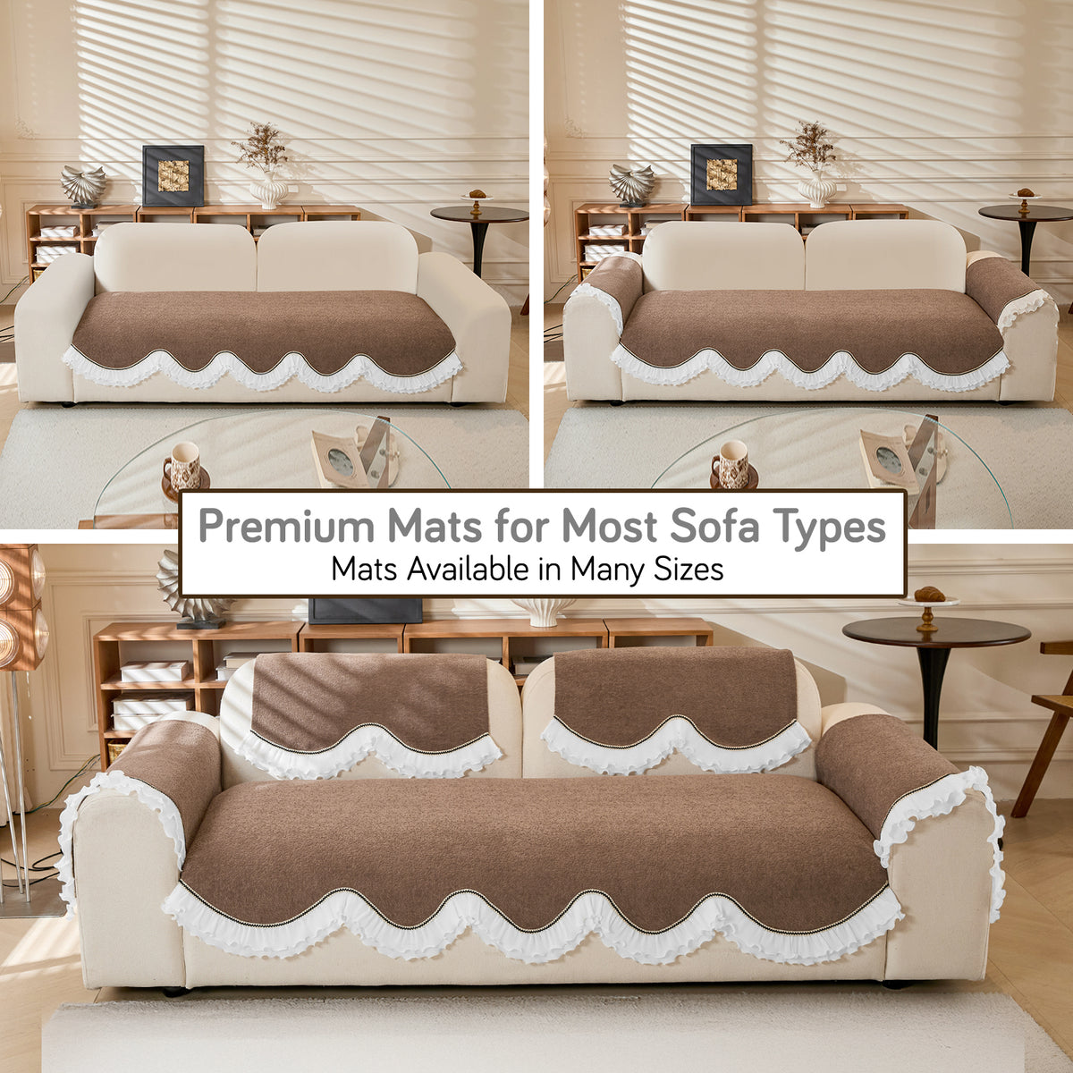 French Classic Frill Wavy Sofa Cover Mat, Mocha Luxe Brown