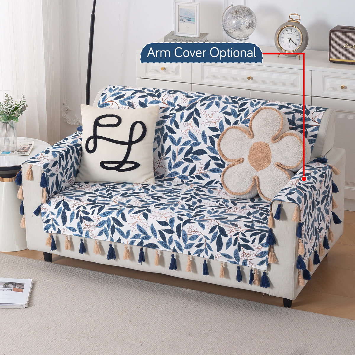 'Whispers of Nature' Series Holland Velvet Sofa Cover with Tassel, Indigo Foliage
