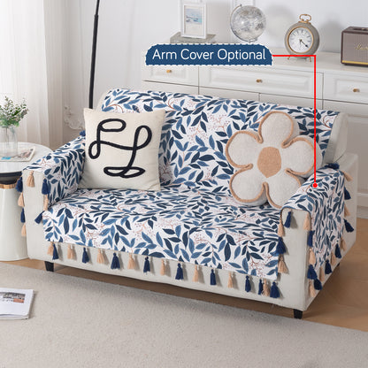 'Whispers of Nature' Series Holland Velvet Sofa Cover with Tassel, Indigo Foliage