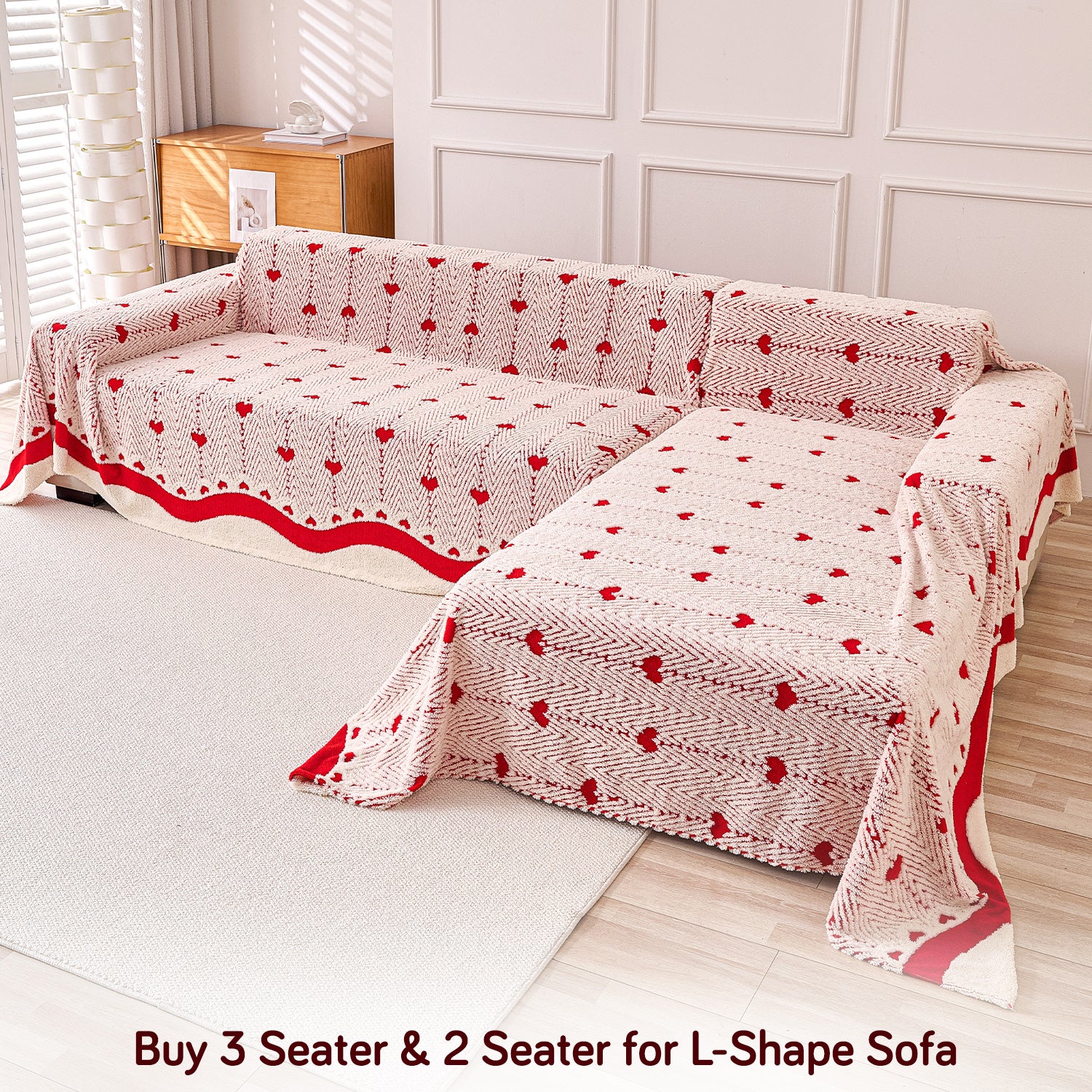 Buy Cherry Cream Colour Cozy Heart Series Luxury Plush Sofa Throw for L-shape Sofas - 3 & 2 Seater Sofa Sets | HOKIPO