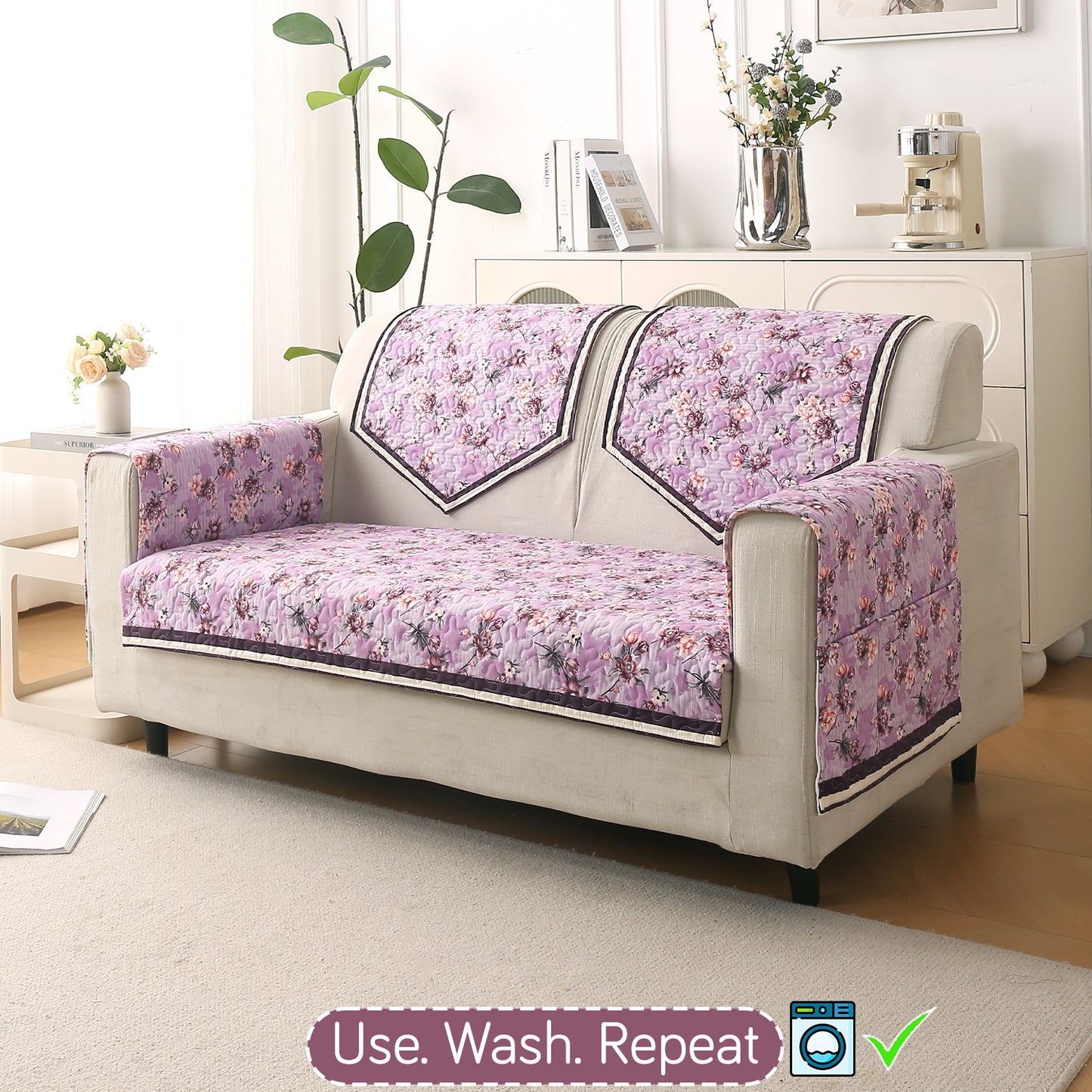 Florentina Series Printed Holland Velvet Sofa Mat - Peony Lavender
