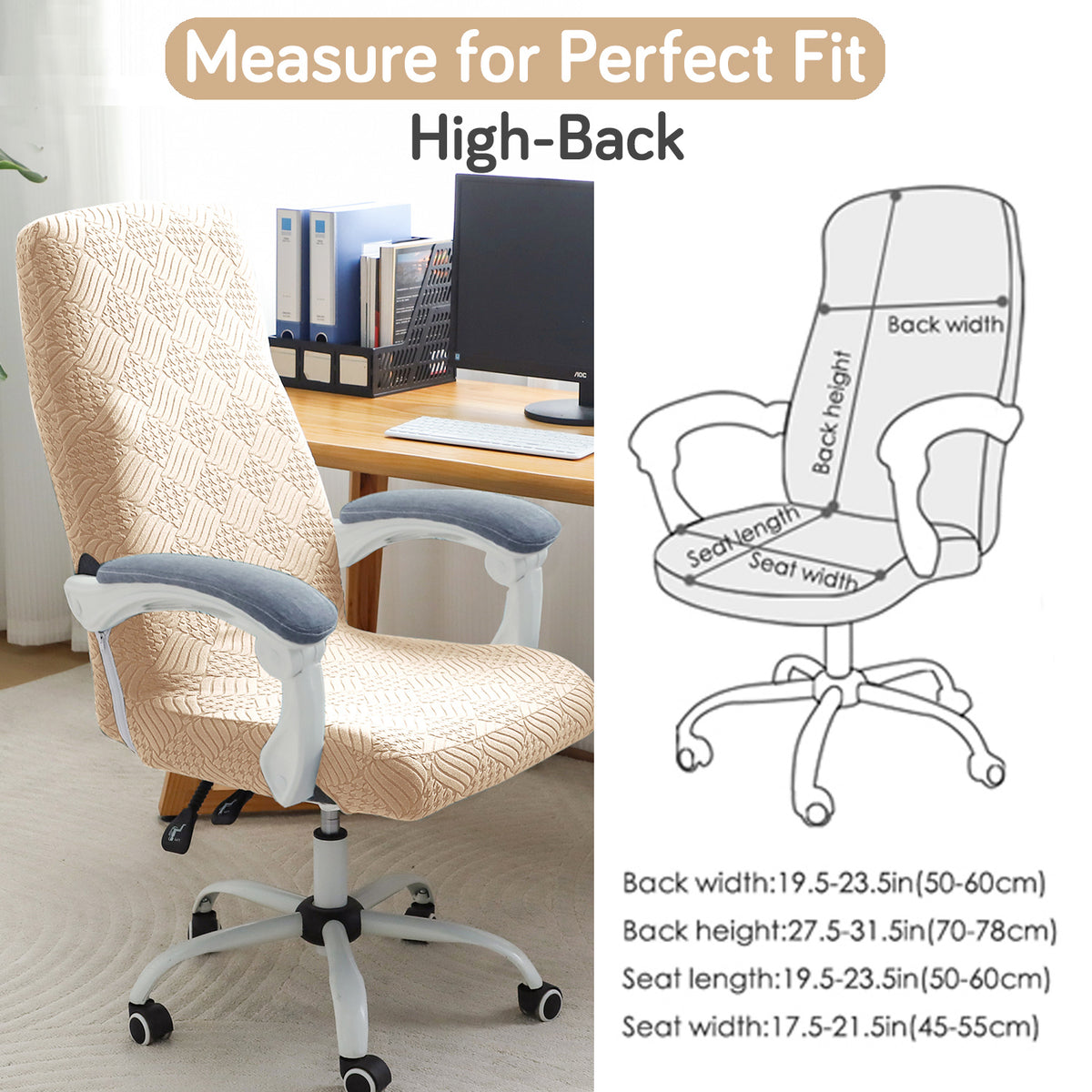 Office Chair Cover for Executive Chair (High-Back) – 170 GSM Stretchable Jacquard – Washable & Anti-Slip – Fits Big & Tall Office Chairs, Beige