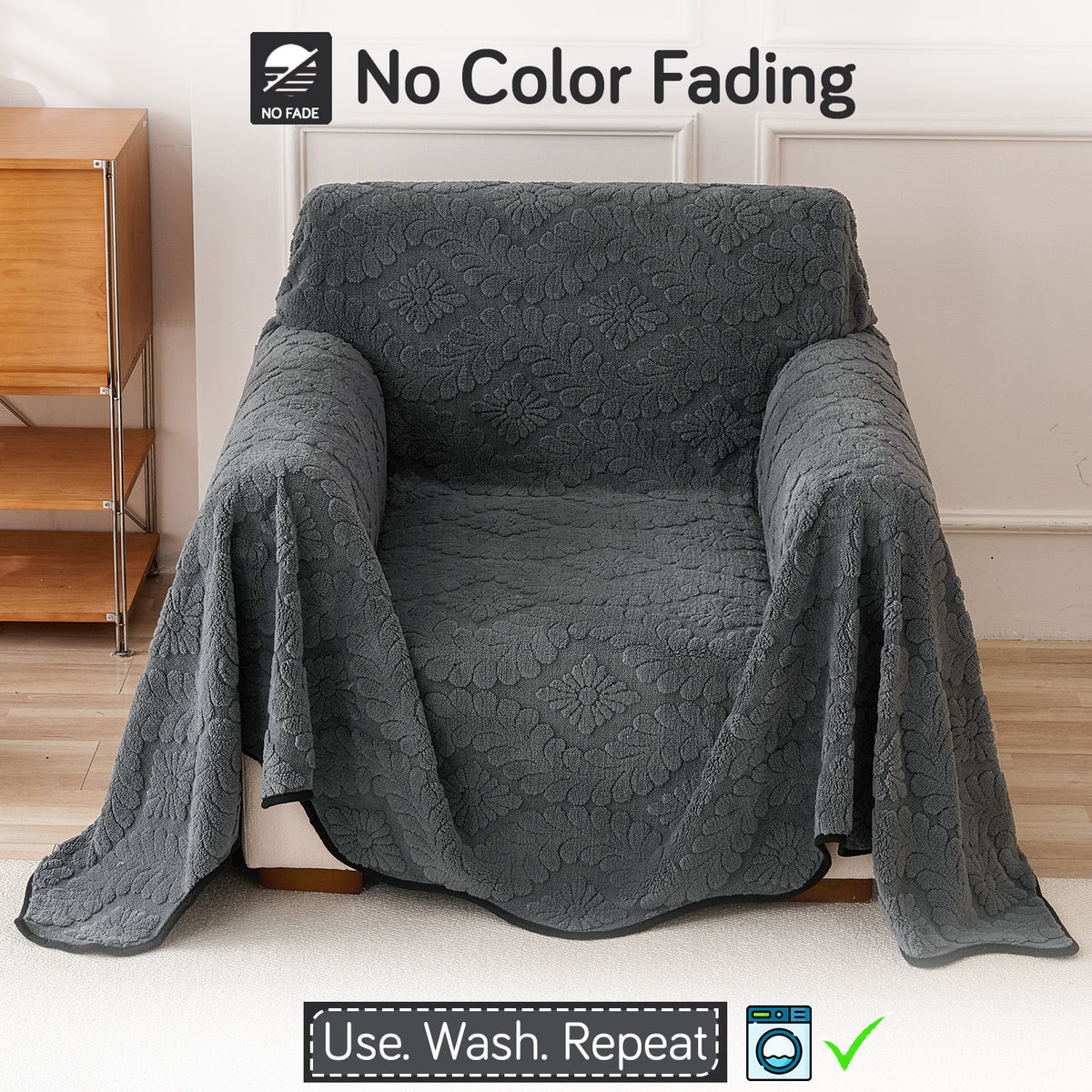 Buy Charcoal Grey Colour Wavy Petal Crest Series Plush Sofa Throw – Single Seater Sofas | HOKIPO