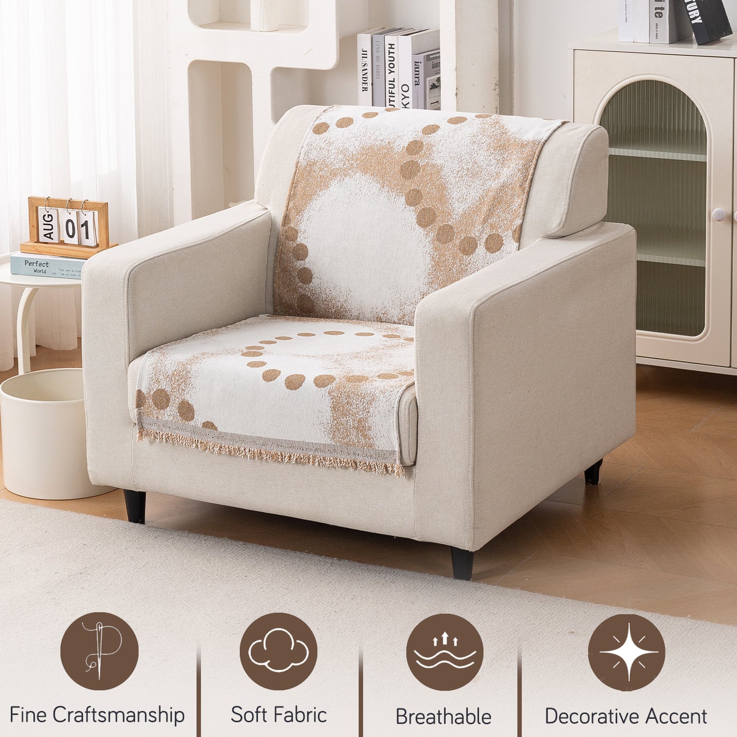 Premium 320 GSM Chenille Sofa Cover 'Serene Abode Series', Latte Dotted Wave