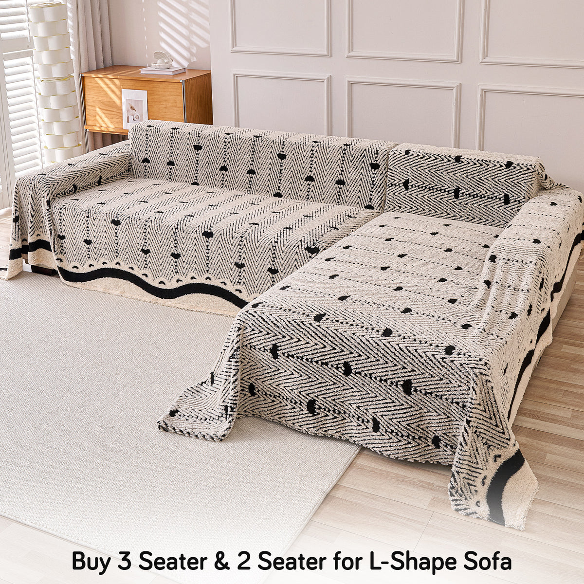 'Cozy Heart Series' Luxury Plush Sofa Cover Throw, Jade Black Cream