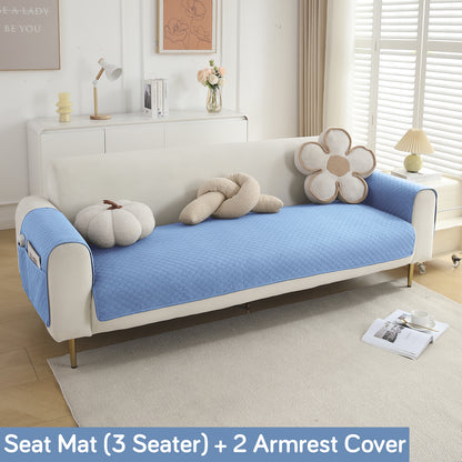 Quilted Sofa Cover Mat with 2 Armrest Covers Pockets, Blue