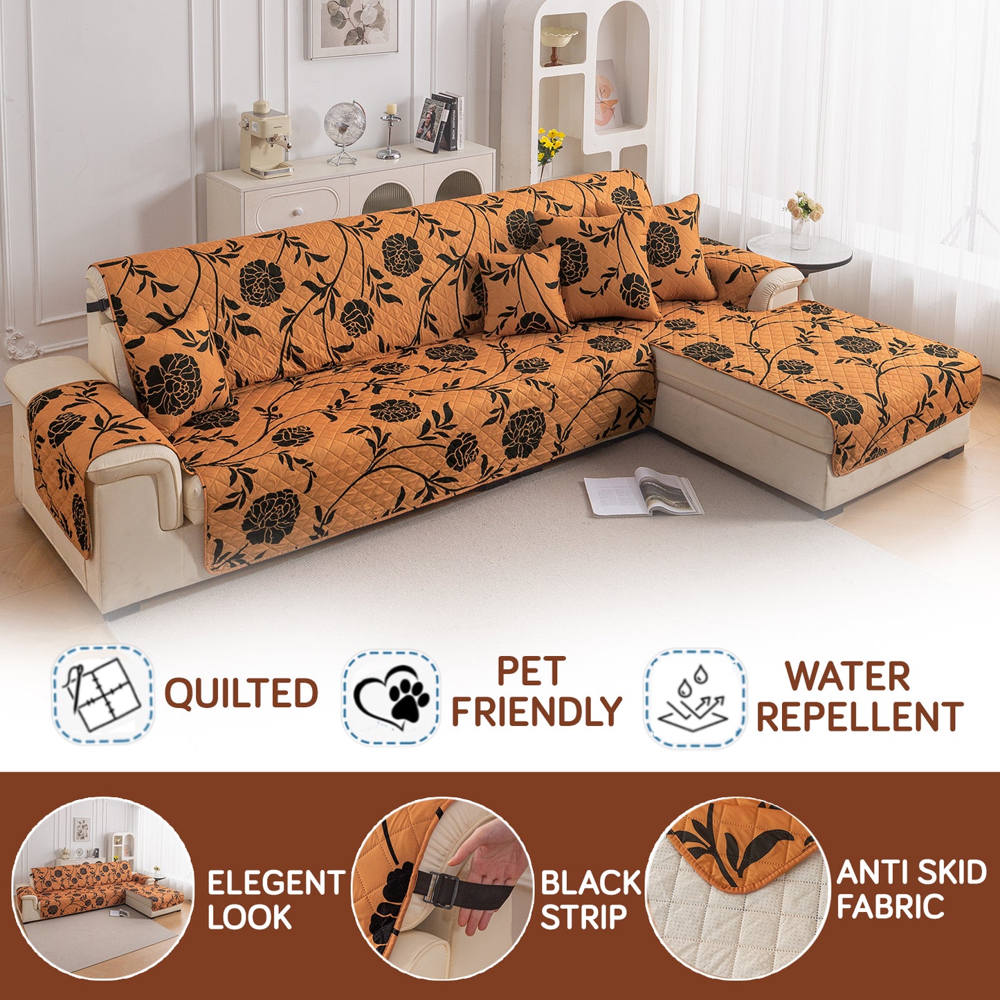 Elira Series Quilted One-Piece L Shape Sofa Cover Mat with Left and Right Chaise, Copper Brown Floral