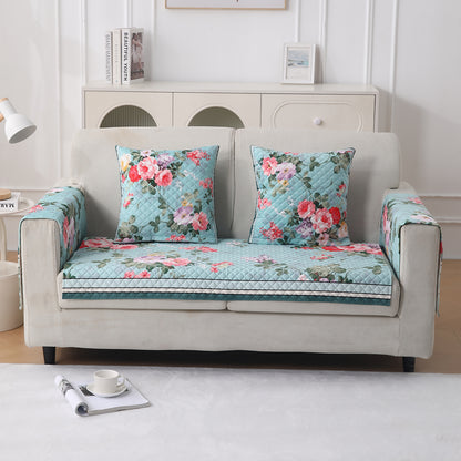 LiefNest Printed Holland Velvet Sofa Mat with Foam Filling - Fresh Floral Pastel Blue for 1/2/3 Seater & Armrest
