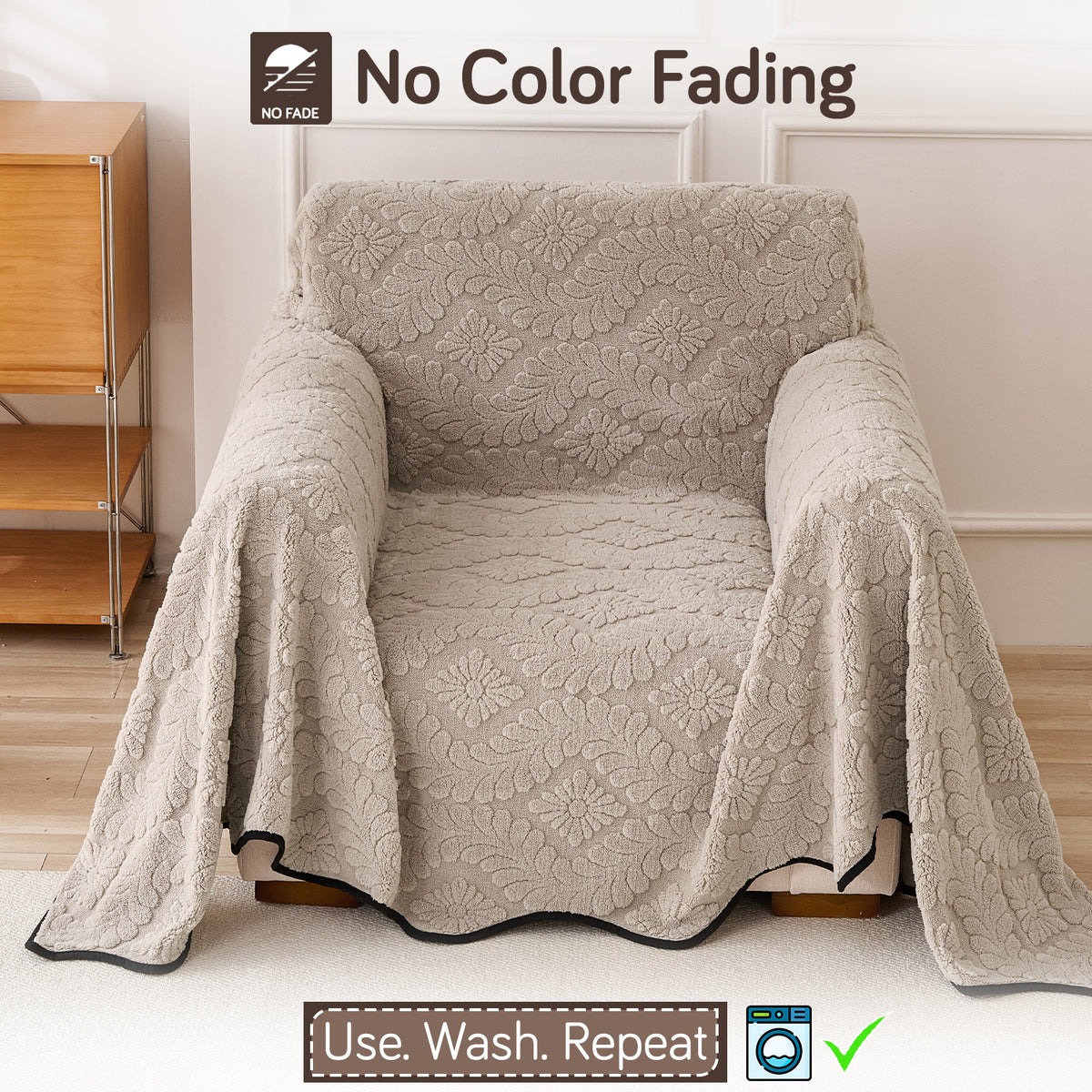 Buy Soft Brown Colour Wavy Petal Crest Series Plush Sofa Throw Cover – Single Seater Sofas | HOKIPO