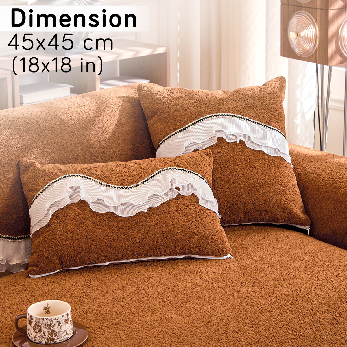French Classic Frill Sofa Cushion Cover with Elegant Wavy Lace Design - Copper Orange