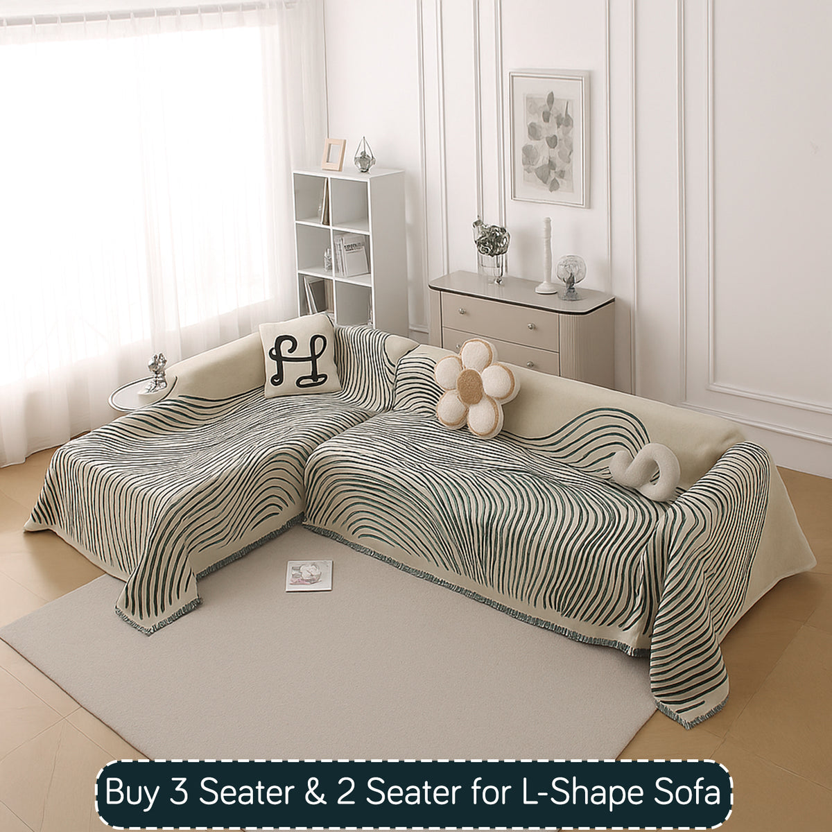 Buy Peacock Green Colour WaveLoom Chenille 3 Seater & 2 Seater for L-Shape Sofa Throw | HOKIPO