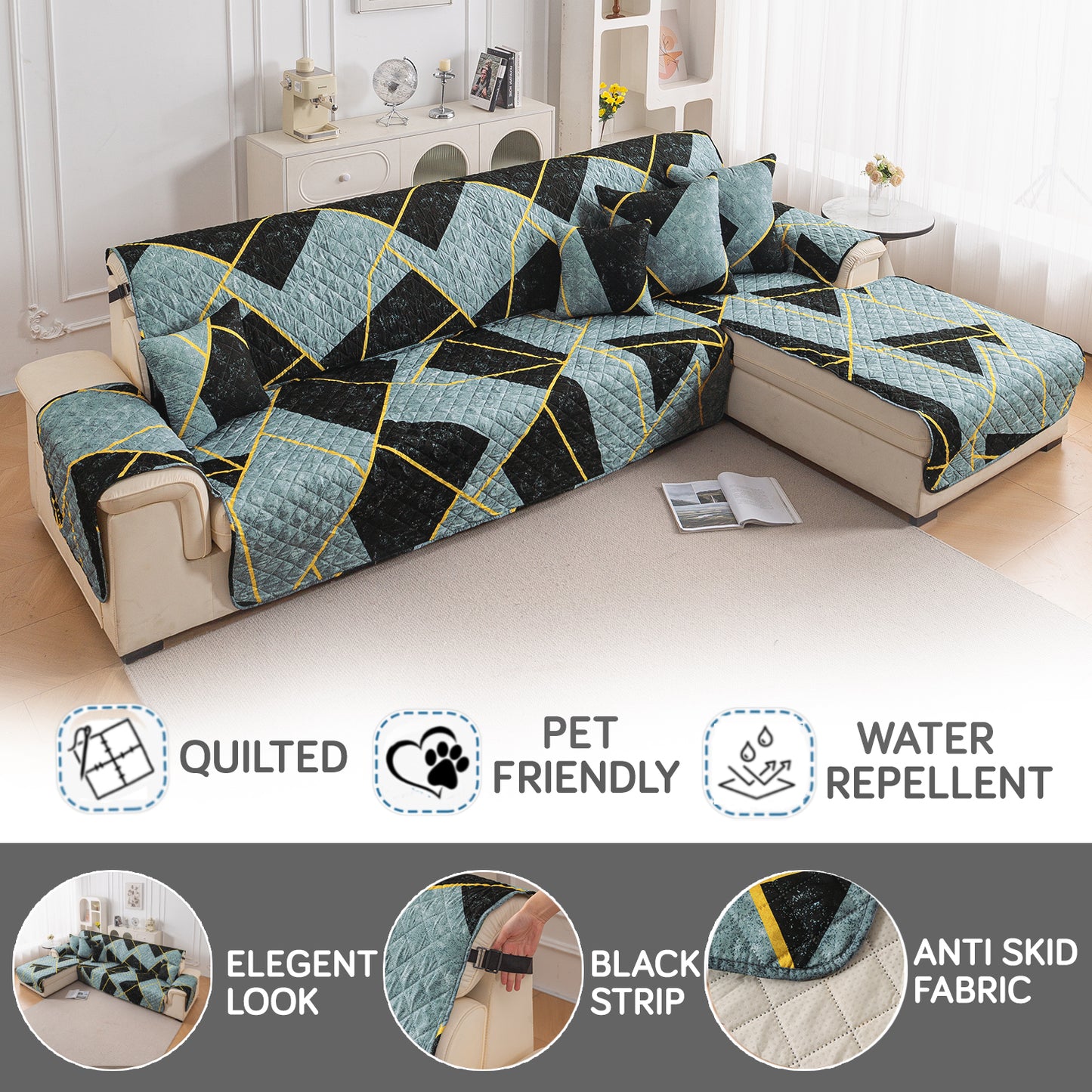 Elira Series Quilted One-Piece L Shape Sofa Cover Mat with Left and Right Chaise, Multicolor Abstract Geometry