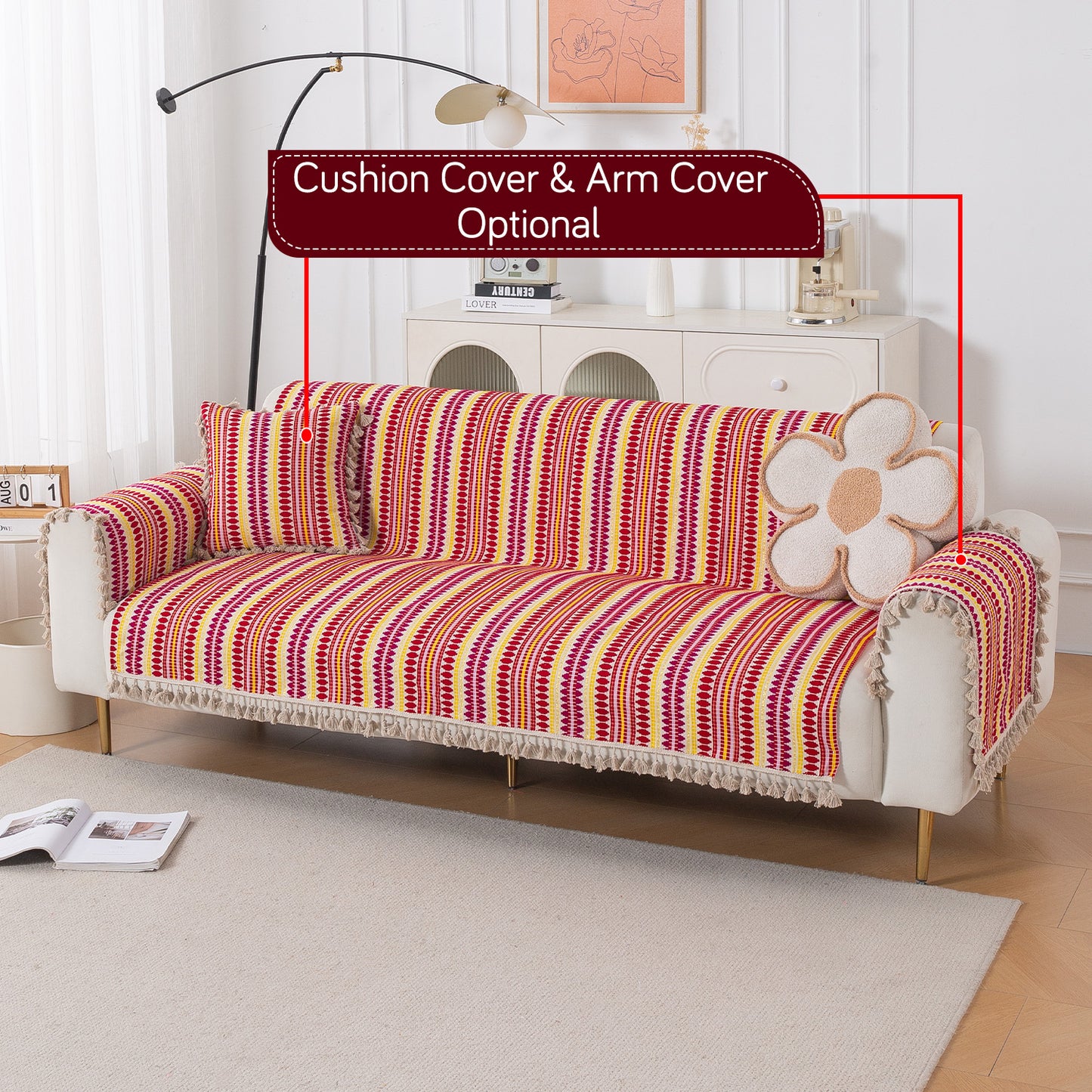 Artisan Boho Series 5-Seater Sofa Cover with Tassels (3+1+1), Ruby Red
