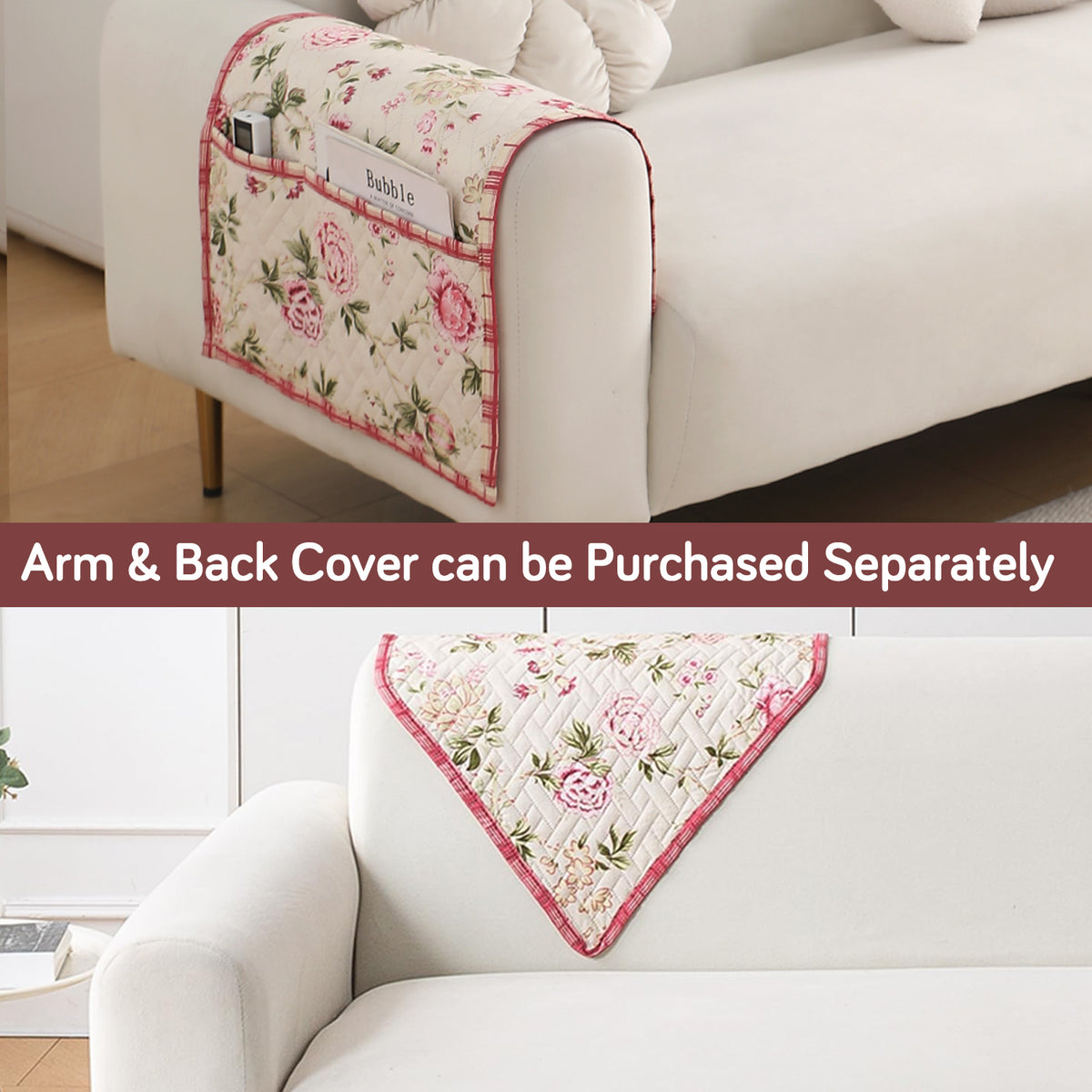 'Homehues' Printed Quilted Sofa Cover Mats, Beige Peonies
