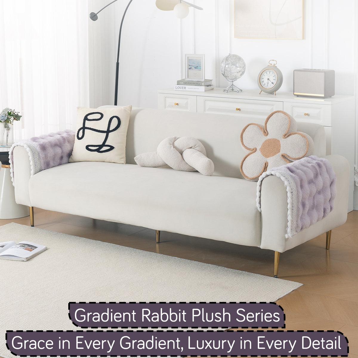 Faux Rabbit Fur Sofa Cover with Lace |Gradient Rabbit Plush, Violet
