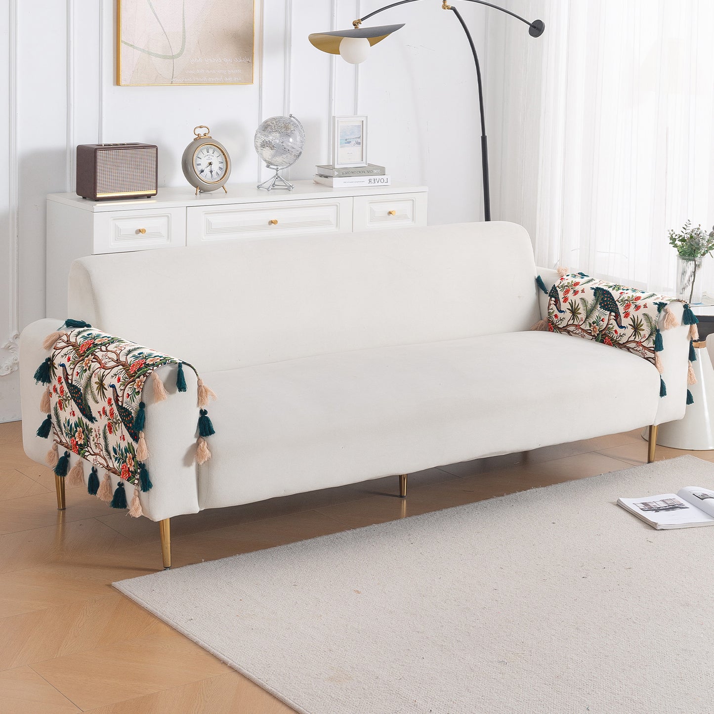 'Whispers of Nature' Series Holland Velvet Sofa Mat with Tassel, Multicolor Tropical Peacock