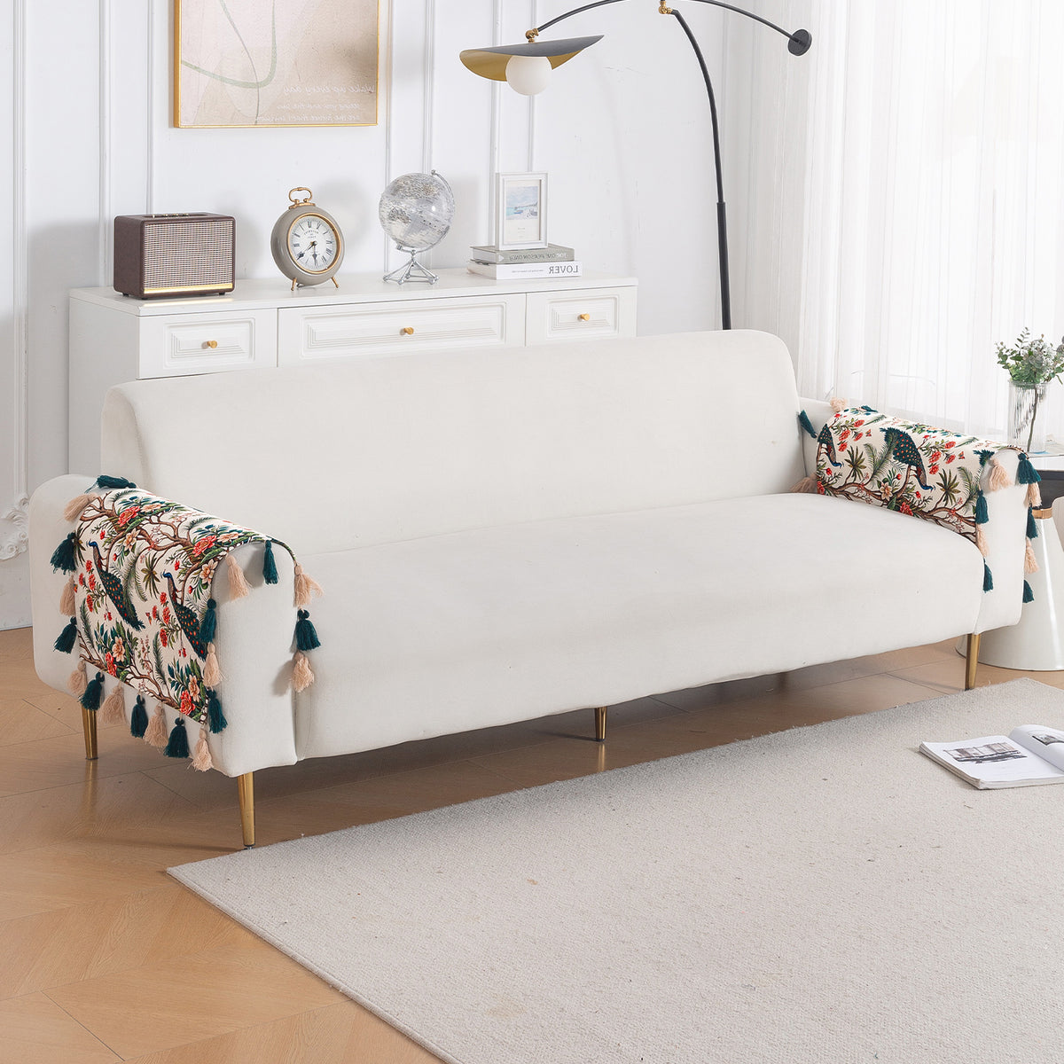 'Whispers of Nature' Series Holland Velvet Sofa Mat with Tassel, Multicolor Tropical Peacock