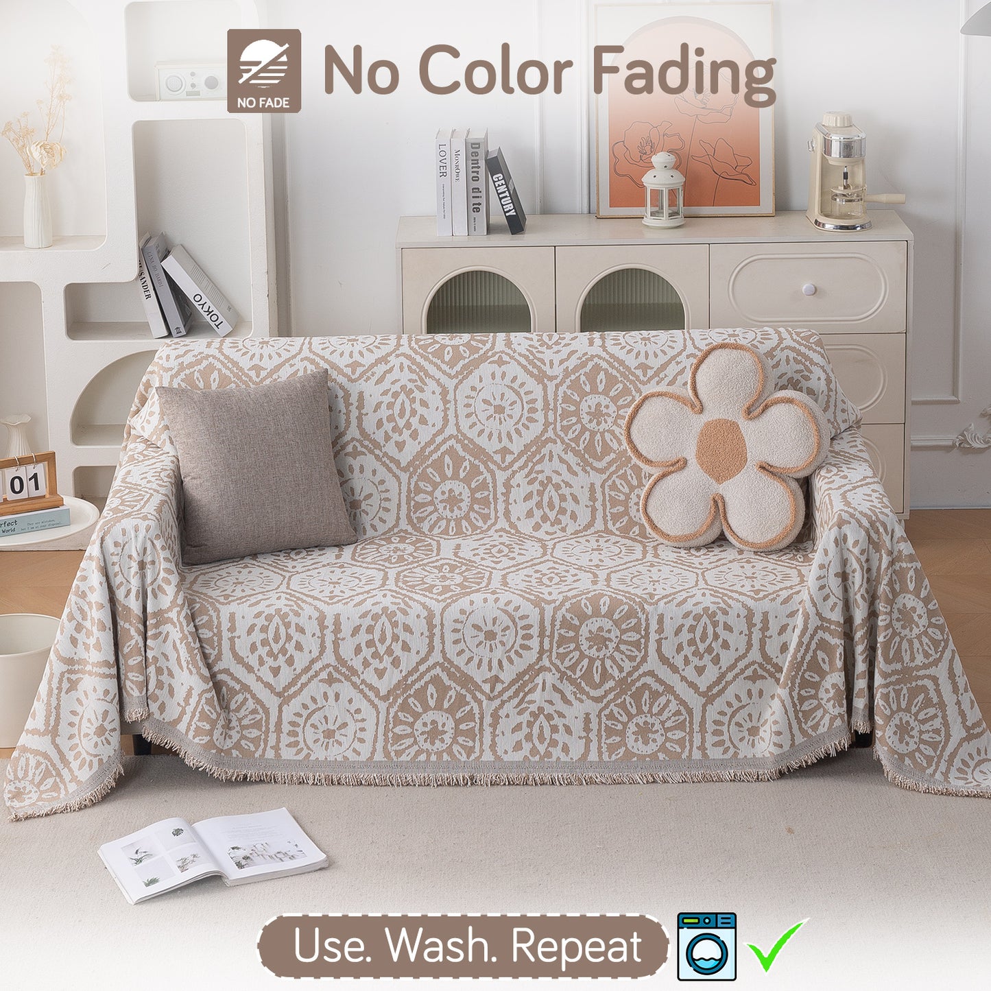 Premium 320 GSM Chenille Sofa Cover Throw All Season 'Serene Abode Series', Boho Floral Tile