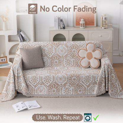 Premium 320 GSM Chenille Sofa Cover Throw All Season 'Serene Abode Series', Boho Floral Tile