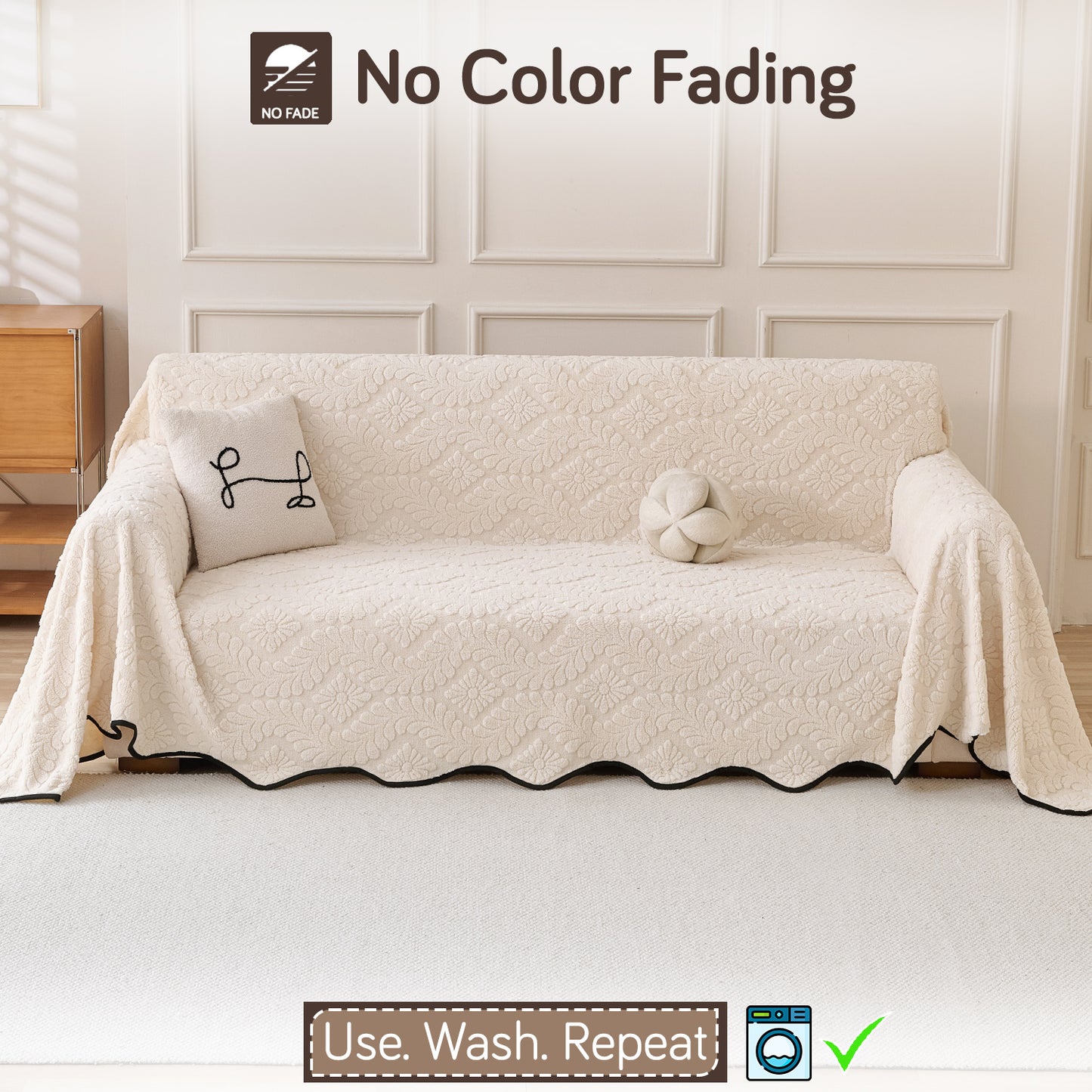 Buy Light Cream Colour Wavy Petal Crest Series Plush Sofa Throw Blanket – 3 Seater Sofas | HOKIPO